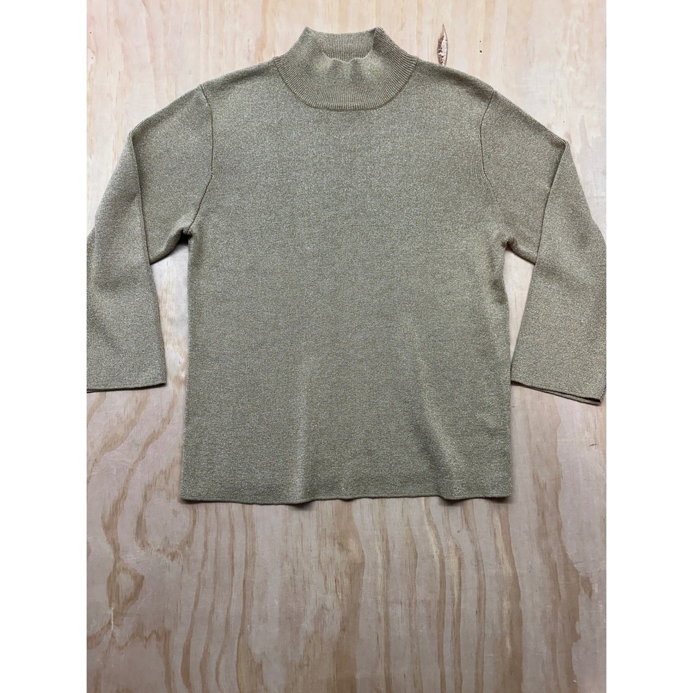 Coldwater Creek Gold Metallic Silk Blend Mock Neck Sweater Womens Medium H18216